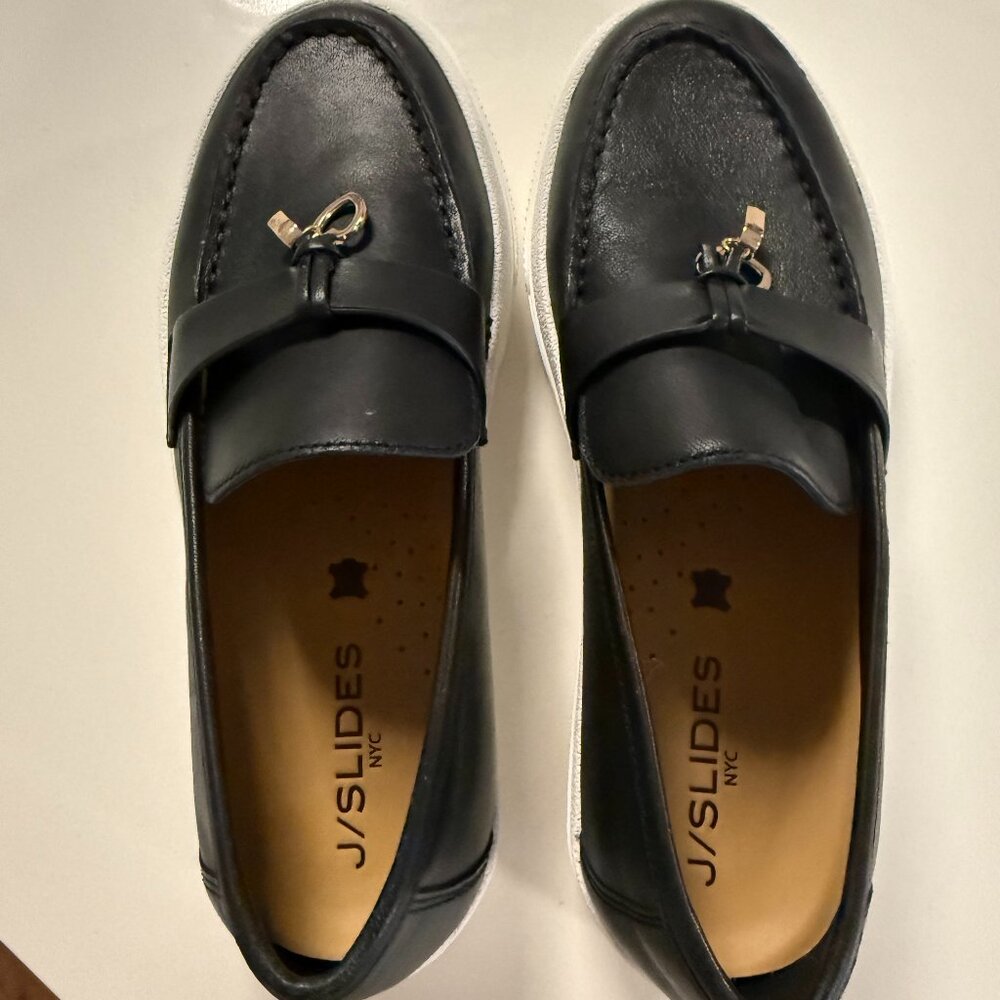 J/Slides Black Leather Wedge Loafers with Gold Accent